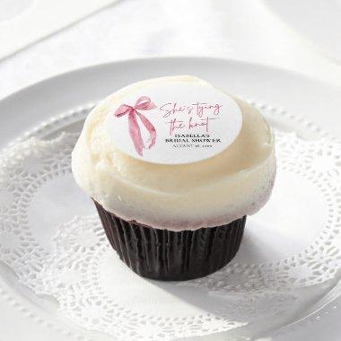 Blush Pink Bow She's Tying the Knot  Edible Frosting Rounds