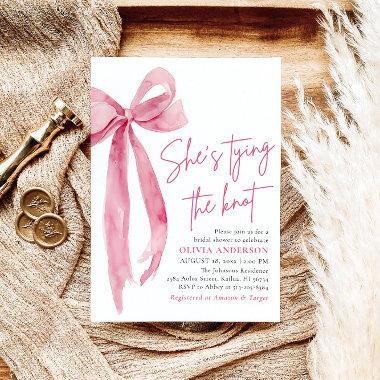 Blush Pink Bow She's Tying the Knot Bridal Shower Invitations