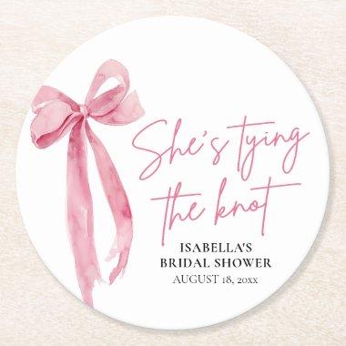 Blush Pink Bow She's Tying the Knot Bridal Shower Round Paper Coaster