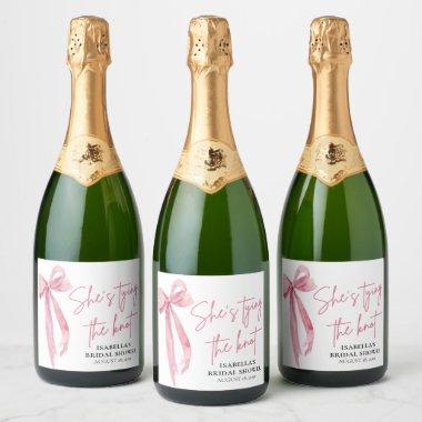 Blush Pink Bow She's Tying the Knot Bridal Shower Sparkling Wine Label