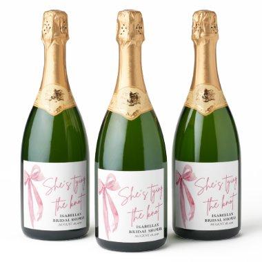 Blush Pink Bow She's Tying the Knot  Sparkling Wine Label