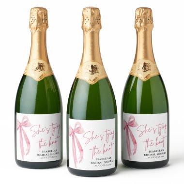 Blush Pink Bow She's Tying the Knot Bridal Shower Sparkling Wine Label