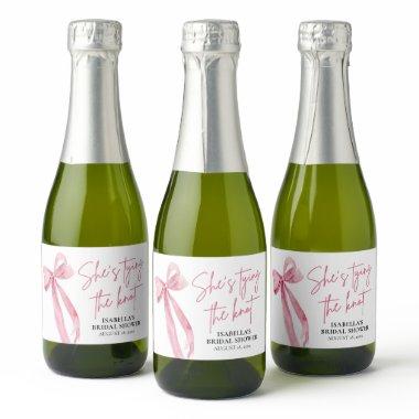 Blush Pink Bow She's Tying the Knot Bridal Shower Sparkling Wine Label