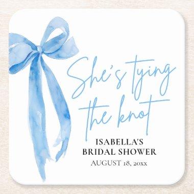 Blush Pink Bow She's Tying the Knot  Square Paper Coaster