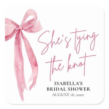 Blush Pink Bow She's Tying the Knot  Square Sticker