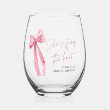 Blush Pink Bow She's Tying the Knot Bridal Shower Stemless Wine Glass