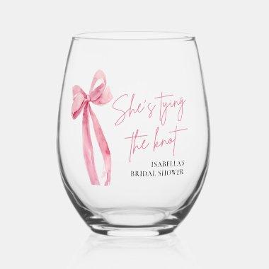 Blush Pink Bow She's Tying the Knot Bridal Shower Stemless Wine Glass