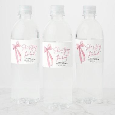 Blush Pink Bow She's Tying the Knot Bridal Shower Water Bottle Label