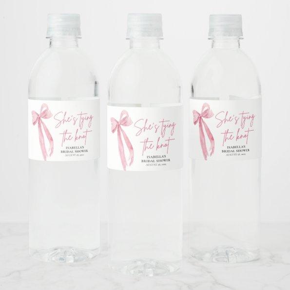 Blush Pink Bow She's Tying the Knot Bridal Shower Water Bottle Label