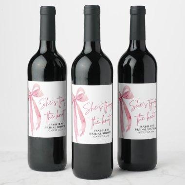 Blush Pink Bow She's Tying the Knot Bridal Shower Wine Label