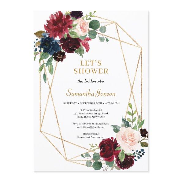 Blush pink burgundy navy floral boho bridal shower Invitations