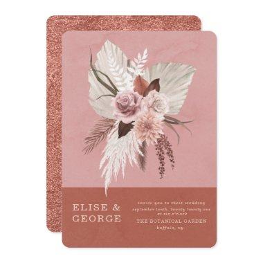 Blush Pink Copper Tropical Pampas Unique Wedding Invitations