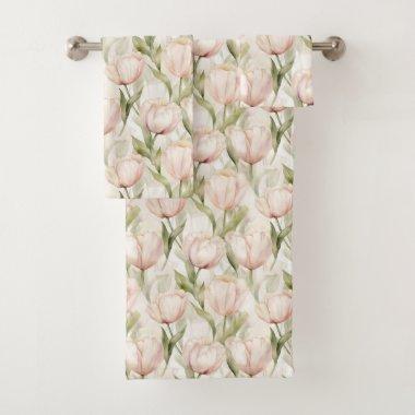 Blush Pink Cream Tulips Floral  Bath Towel Set