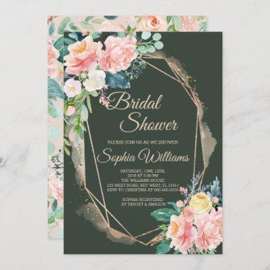 Blush Pink, Dark Green & Gold Bridal Shower Invitations