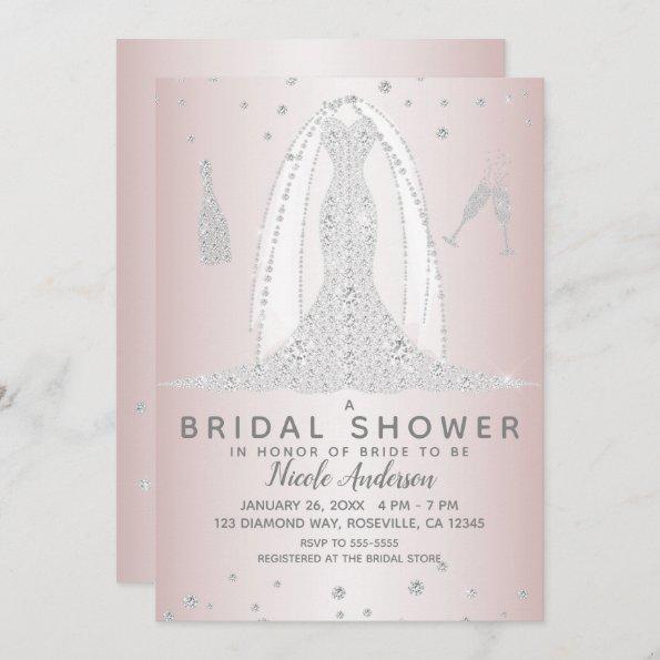 Blush Pink Diamond Wedding Dress Bridal Shower Invitations