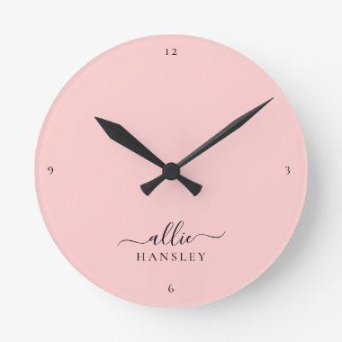 Blush Pink Dusty Pink Modern Minimalist Name Round Clock