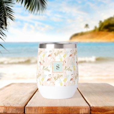 Blush Pink Flamingo Pineapples Monogram Initial Thermal Wine Tumbler