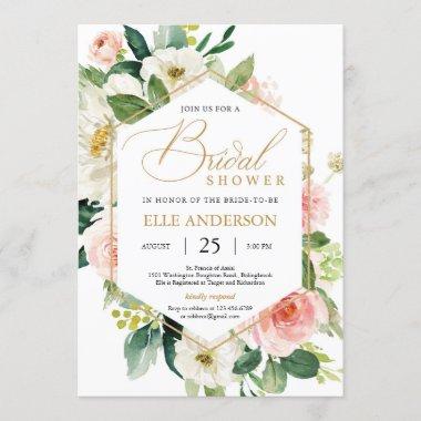 Blush pink floral and gold geometric bridal shower Invitations