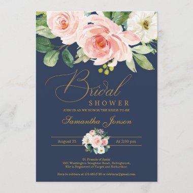 Blush pink floral and navy boho bridal shower Invitations
