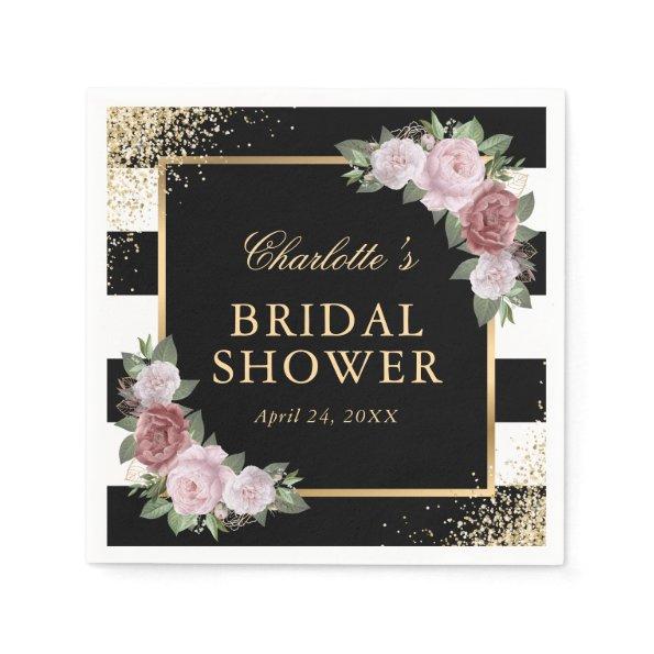 Blush Pink Floral Black and Gold  Napkins