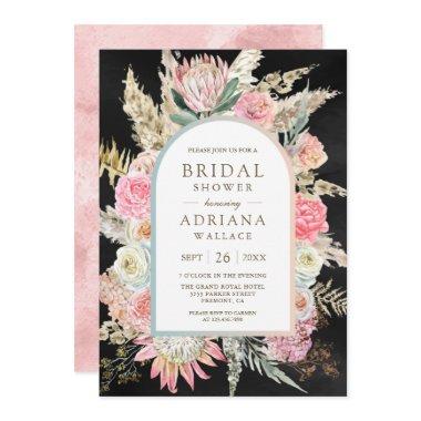 Blush Pink Floral Boho Pampas Black Bridal Shower Invitations