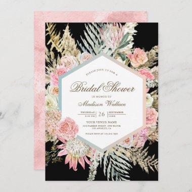 Blush Pink Floral Boho Pampas Black Bridal Shower Invitations