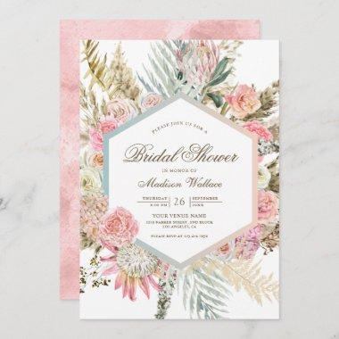 Blush Pink Floral Boho Pampas Bridal Shower Invitations