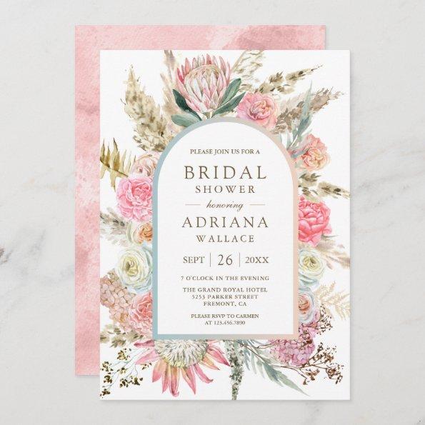 Blush Pink Floral Boho Pampas Grass Bridal Shower Invitations
