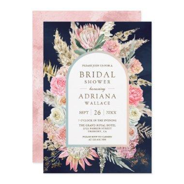 Blush Pink Floral Boho Pampas Navy Bridal Shower Invitations