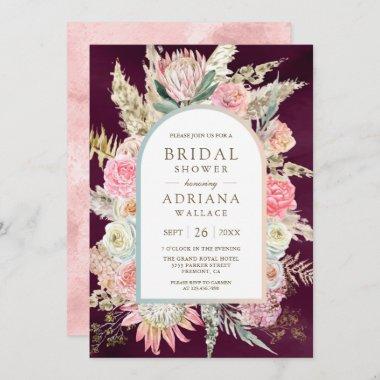 Blush Pink Floral Boho Pampas Plum Bridal Shower Invitations