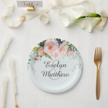 Blush Pink Floral Bouquet on Blue  Paper Plates