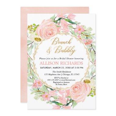 Blush pink floral Brunch and Bubbly Bridal Shower Invitations