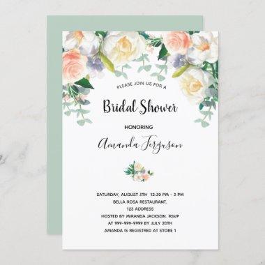 Blush pink floral eacalyptus green bridal shower Invitations