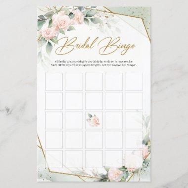 Blush pink floral eucalyptus and gold bridal bingo