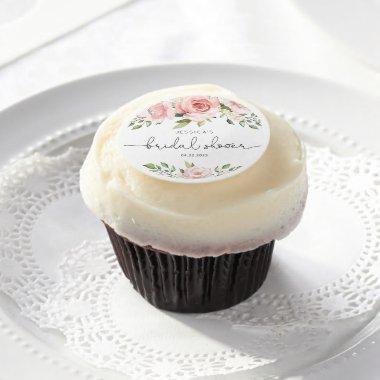 Blush pink floral eucalyptus bridal shower edible frosting rounds