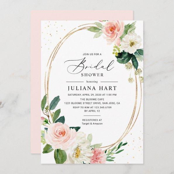 Blush Pink Floral Geometric Frame Bridal Shower Invitations
