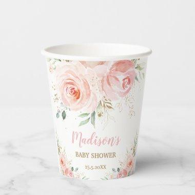 Blush Pink Floral Gold Bridal Baby Shower Birthday Paper Cups