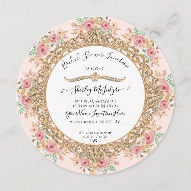 Blush Pink Floral Gold Bridal Shower Luncheon Invitations