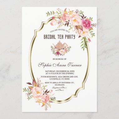 Blush Pink Floral Gold Bridal Shower Tea Party Invitations