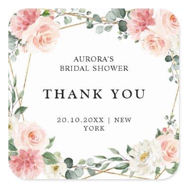 Blush Pink Floral Gold Bridal Shower Thank You Square Sticker