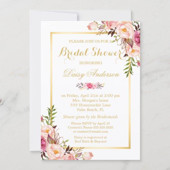 Blush Pink Floral Gold Frame Bridal Shower Invitations