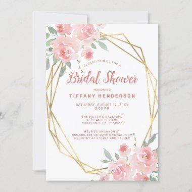 Blush Pink Floral Gold Frame Bridal Shower Invitations