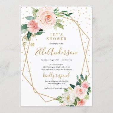 Blush pink floral gold geometric frame bridal Invitations
