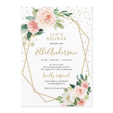 Blush pink floral gold geometric frame bridal Invitations