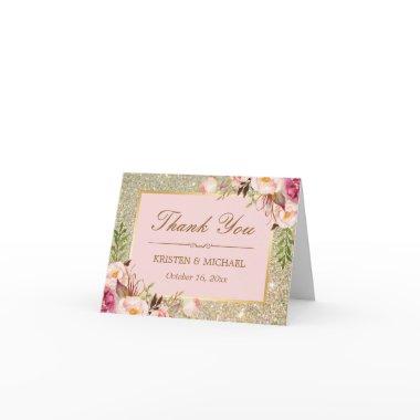 Blush Pink Floral Gold Glitter Sparkles Thank You