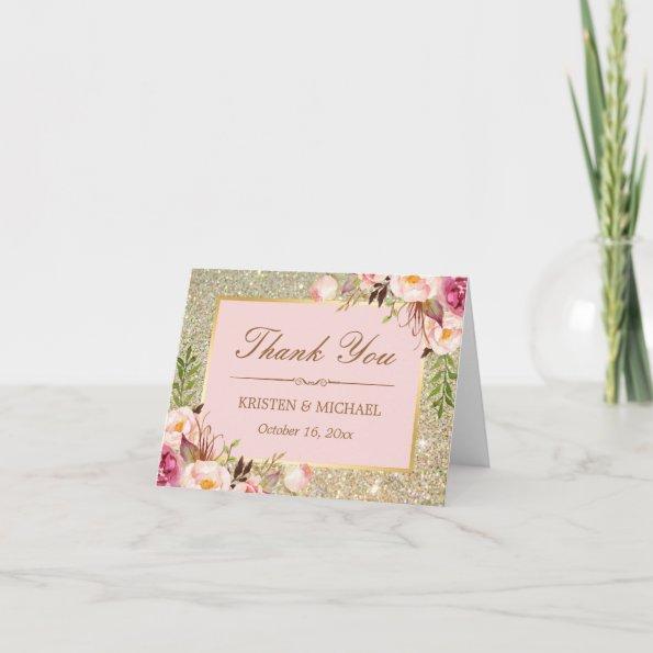 Blush Pink Floral Gold Glitter Sparkles Thank You