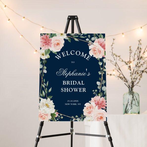 Blush Pink Floral Gold Navy Bridal Shower Welcome Foam Board