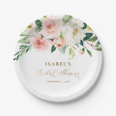 Blush Pink Floral Gold Personalized Bridal Shower Paper Plates