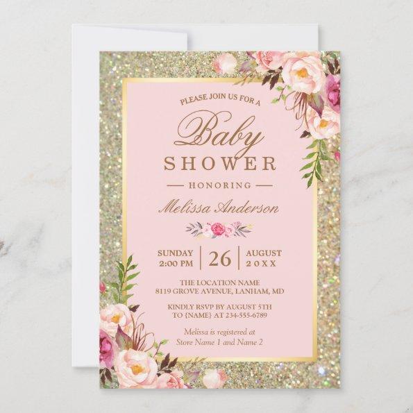 Blush Pink Floral Gold Sparkles Baby Shower Invitations