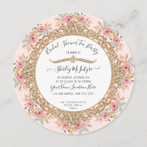 Blush Pink Floral Gold Tea Party Bridal Shower Invitations
